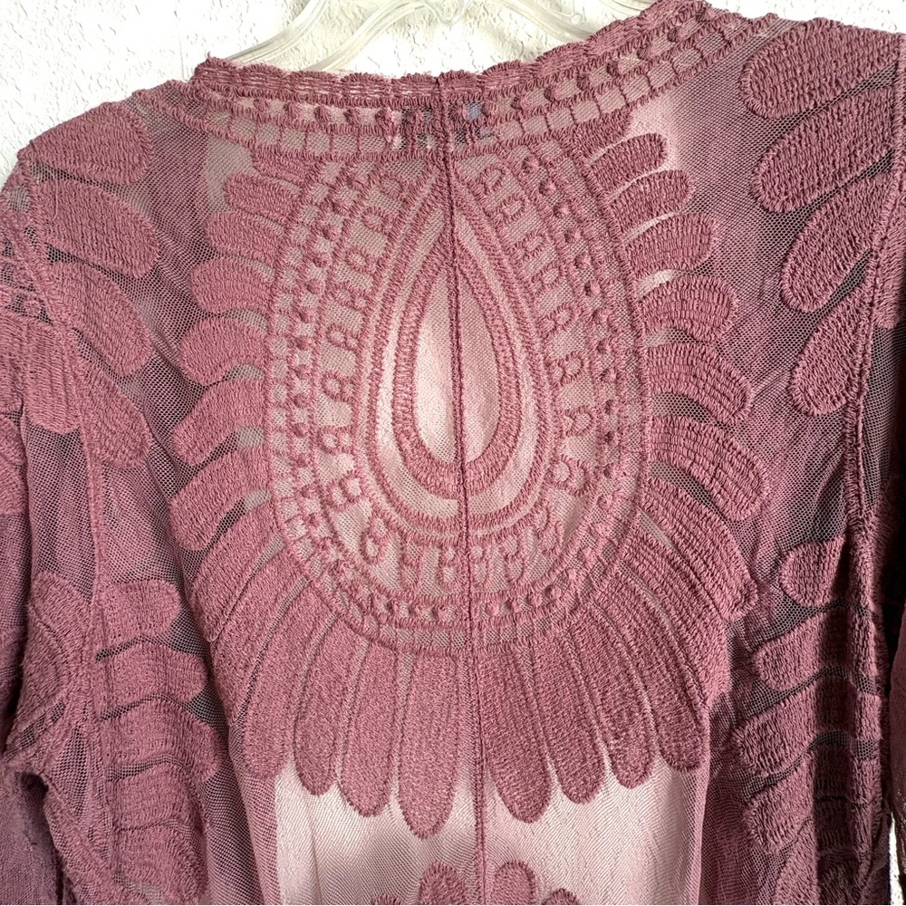 Rebellion Sheer Lace Duster/Kimono, Long Cardigan, Dark Rose Color, Sz. Small - Picture 9 of 12
